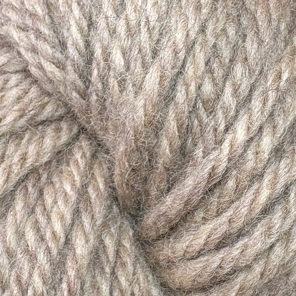 Close-up of Halcyon Yarn Classic Rug Wool | Strand by Caledonian Dye Works, showcasing thick, twisted beige and light brown fibers with a soft, fuzzy texture—perfect for rug weaving.