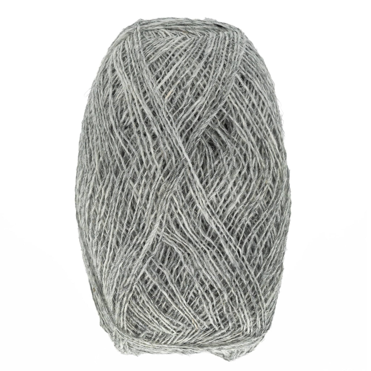 A close-up of a gray ball of Berroco, Inc. Einband Lopi wool, tightly wound with visible texture and ideal for lace knitting, set against a white background.
