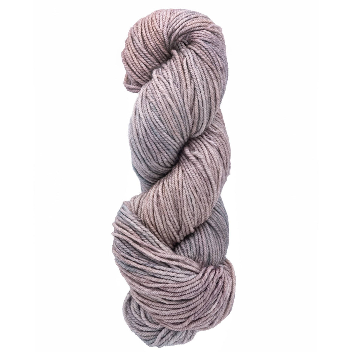A skein of Malabrigo Yarn's Malabrigo Rios in soft, thick strands features muted mauve, gray, and lavender hues, neatly twisted against a white background.