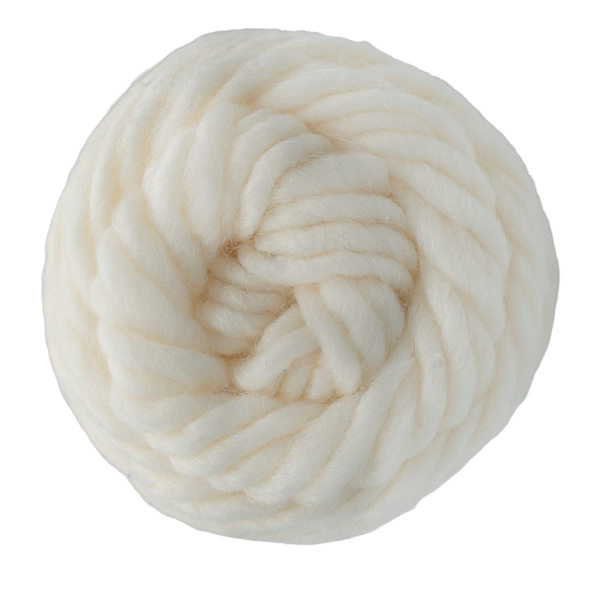 A close-up of a single ball of Brown Sheep Lambs Pride Bulky Yarn, thick and soft in off-white, tightly wound in a circular shape and ideal for knitters or crocheters making cozy Icelandic sweaters, isolated on a white background.