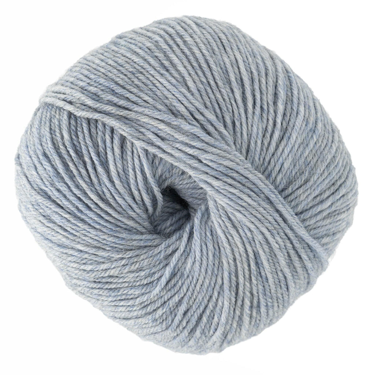 A close-up of Cascade Yarns’ Cascade 220 Superwash Wool Yarn in light grey DK weight, tightly wound into a round ball, showcasing its soft texture and uniform strand thickness.