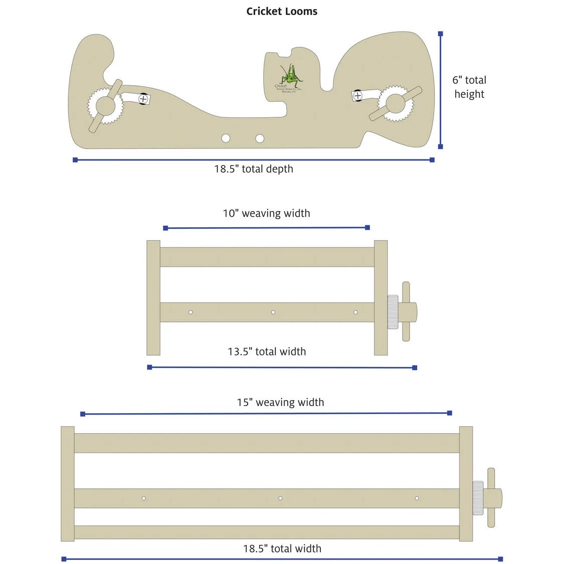 Diagram of three Schacht Cricket Rigid Heddle Looms from Schacht Spindle Co., showing dimensions. Top: 18.5″ depth, 6″ height. Middle: 10″ weaving width, 13.5″ width. Bottom: 15″ weaving width, 18.5″ width—a perfect overview for anyone looking for a portable weaving loom option in the Schacht Cricket series (approx. 5 week delivery).