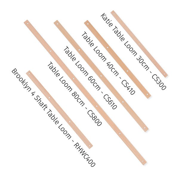 Six Ashford Cross/Warp Sticks for Table Loom by Ashford Handicrafts Limited, each with 3 evenly spaced holes, are arranged diagonally on a white background. Each wooden stick is labeled with its corresponding loom model and size.
