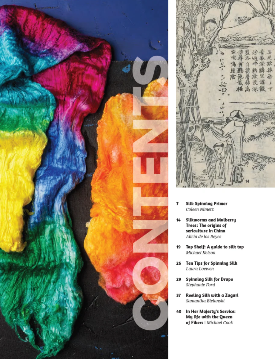 Beside a bold CONTENTS heading and a lineup of article titles focused on silk spinning, vibrant silk fibers and an artist’s sketch depicting sericulture highlight Issue 54, Autumn 2026: Sericulture of PLY – The Magazine for Handspinners (by PLY Magazine), offering inspiration and practical insights for handspinners eager to explore the artistry of silk fiber.