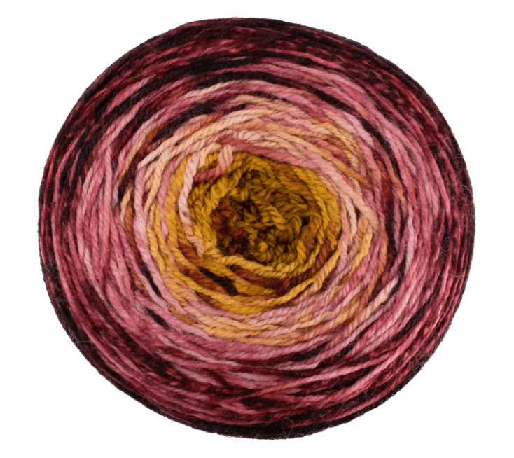 A circular cake of Malabrigo Sock yarn featuring a gradient from olive green in the center to shades of pink and deep purple on the outer layers.