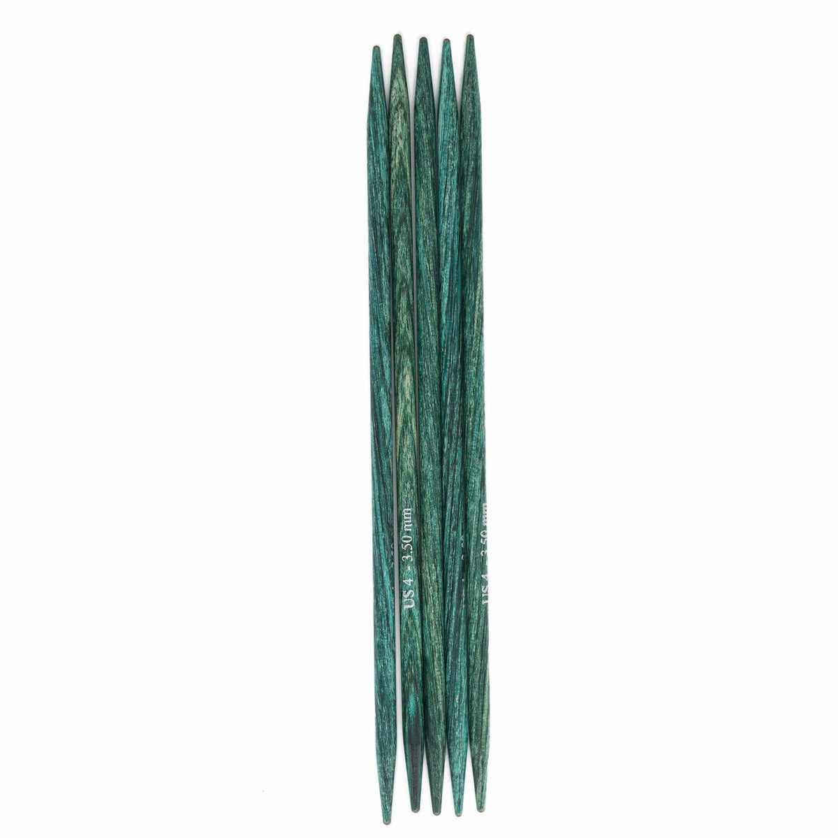 Five Accessories Unlimited Knit Pro (Knitters Pride) Dreamz 5" double point knitting needles are arranged side by side on a white background, showcasing the smooth finish of these birch needles.
