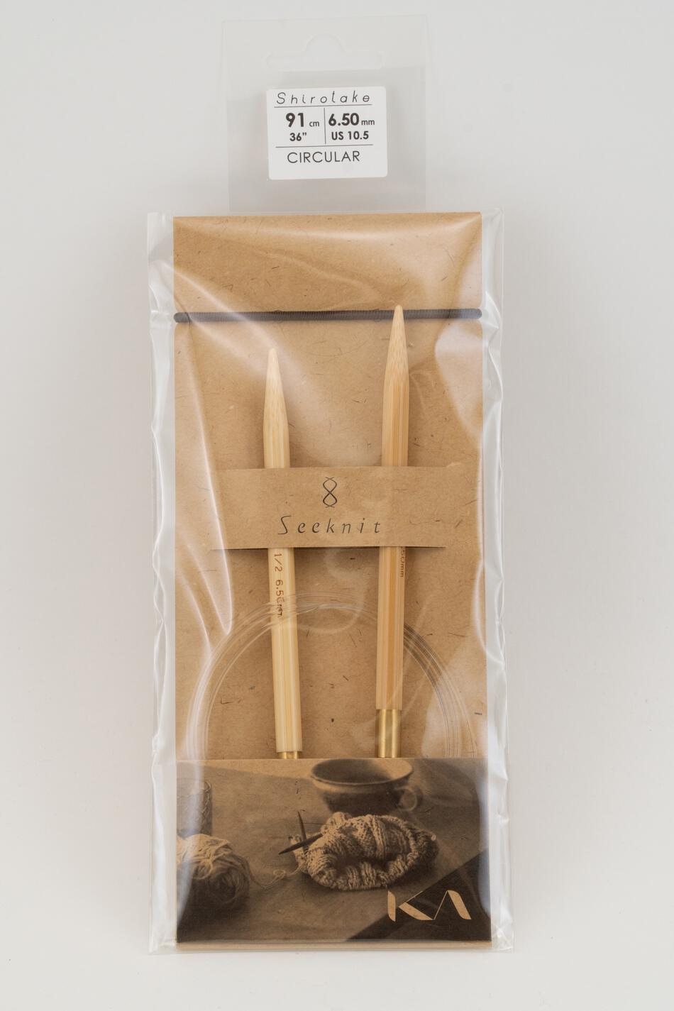 A package of Accessories Unlimited SeeKnit Circular Bamboo Knitting Needles, US 10.5 (6.5 mm), 91 cm long, featuring a flexible rotating joint and eco-friendly packaging with yarn and knitting images at the bottom.