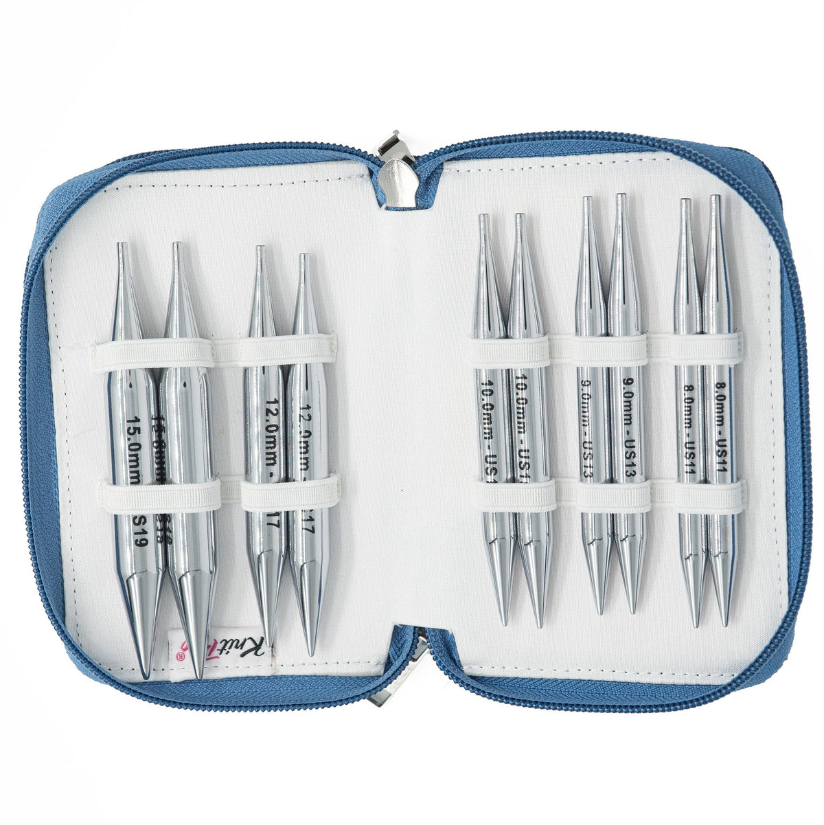 A blue zippered case displays eight pairs of silver, chrome-plated Knit Pro Nova interchangeable needle tips by Accessories Unlimited, each secured with white elastic bands and labeled by size.