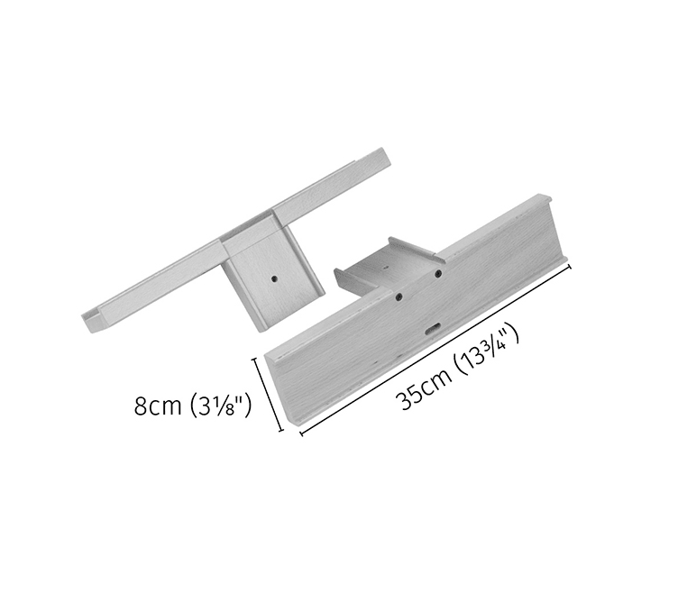 The Ashford Handicrafts Limited Ashford Rigid Heddle Loom Stand Accessories Tray features two silver metal brackets (35 cm x 8 cm) shown from various angles. Ideal for organizing weaving tools or as handy trays for your rigid heddle loom.