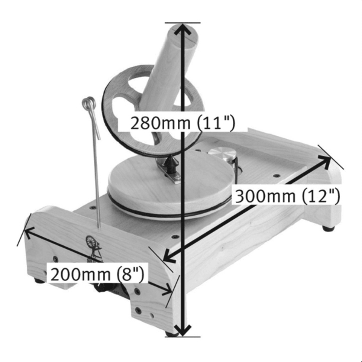 The Ashford Wooden Ball Winder by Ashford Handicrafts Limited features a manual hand crank and measures 280mm high, 300mm long, and 200mm wide with labeled dimensions in millimeters and inches.