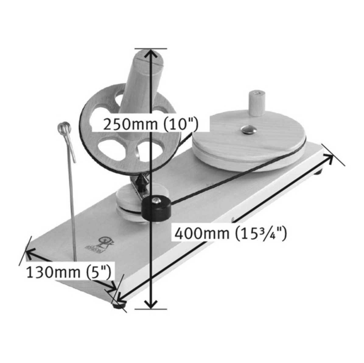The Ashford Wooden Ball Winder by Ashford Handicrafts Limited features a manual hand-crank pulley on a rectangular base (250mm wheel height, 400mm base length, 130mm width), perfect for winding yarn balls.