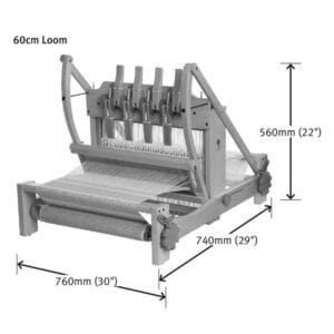 The Ashford Table Looms by Ashford Handicrafts Limited, featuring an overhead swinging beater and shuttle race, are shown with labeled dimensions: 60cm weaving width, 560mm height, 740mm depth, and 760mm width.