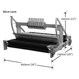 Black and white image of the Ashford Table Looms by Ashford Handicrafts Limited, with overhead swinging beater and shuttle race, 80 cm wide; dimensions: 560 mm height, 740 mm depth, 960 mm width. Features multiple shafts and large weaving area.