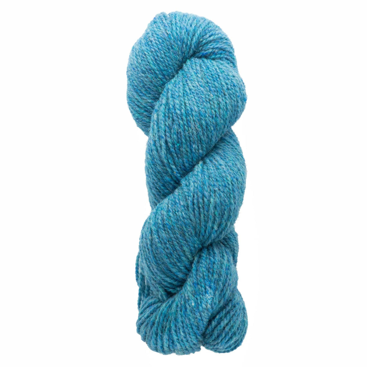 A skein of Bartlettyarns Maine Wool Yarn (Fisherman 2-Ply) by Bartlettyarns, featuring thick, blue worsted weight strands with a heathered texture, is twisted into a neat coil against a white background.