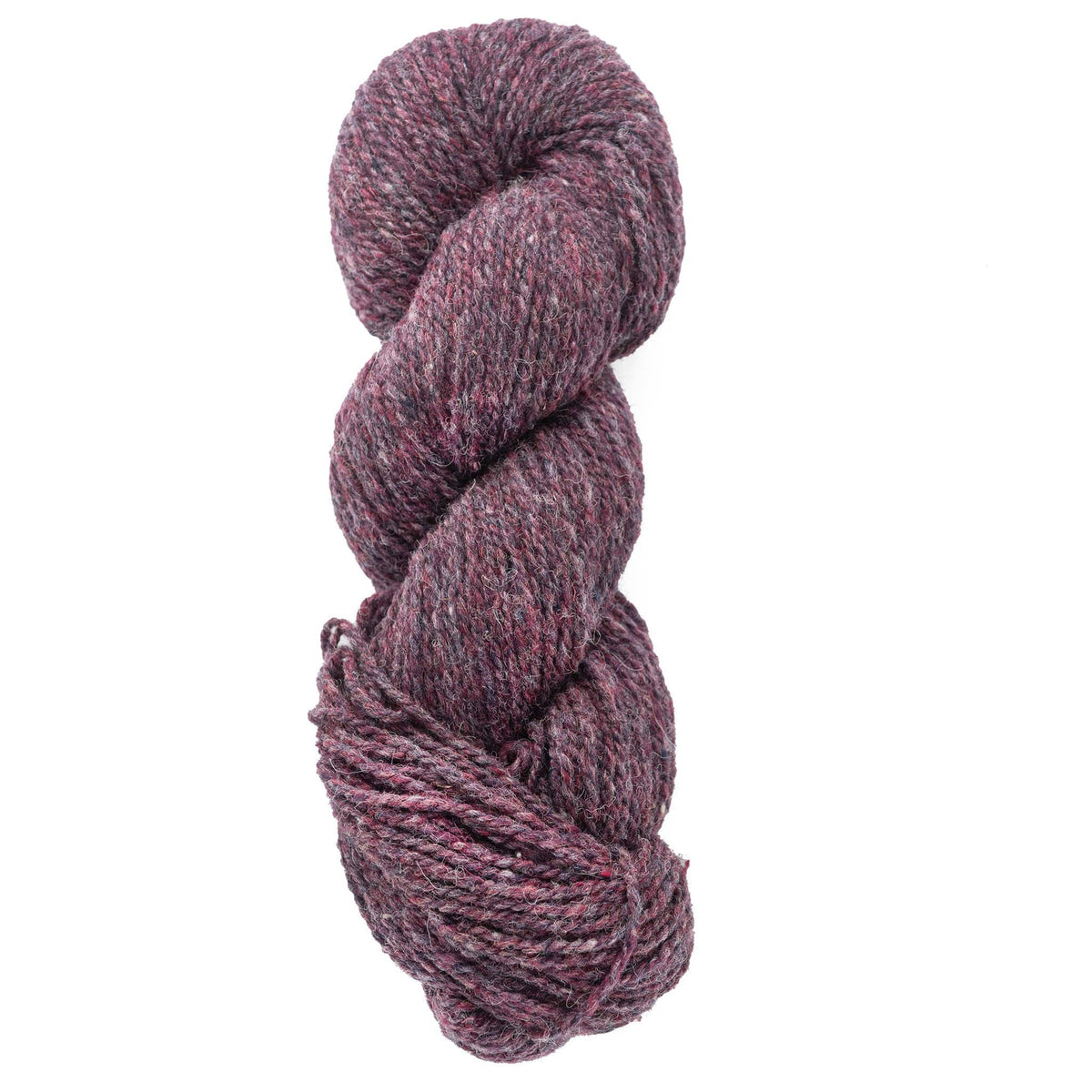 A skein of Bartlettyarns Maine Wool Yarn (Fisherman 2-Ply), twisted and bulky in a heathered blend of dark purple, gray, and burgundy, is shown against a white background.