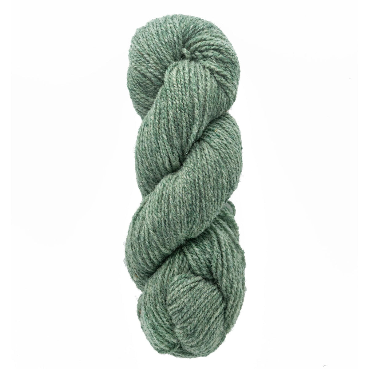 A skein of Bartlettyarns Maine Wool Yarn (Fisherman 2-Ply), thick and green, is twisted into a neat coil and displayed against a plain white background.