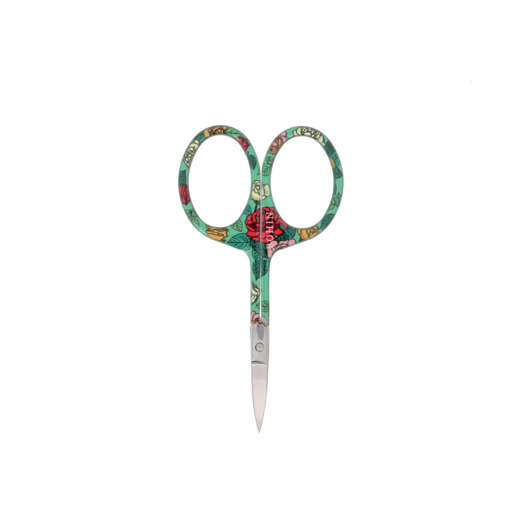 Small Floral Scissors, 4" (flat tip) by Bryson Distributing, Inc., with silver blades and green and red floral handles, are shown upright on a plain white background.
