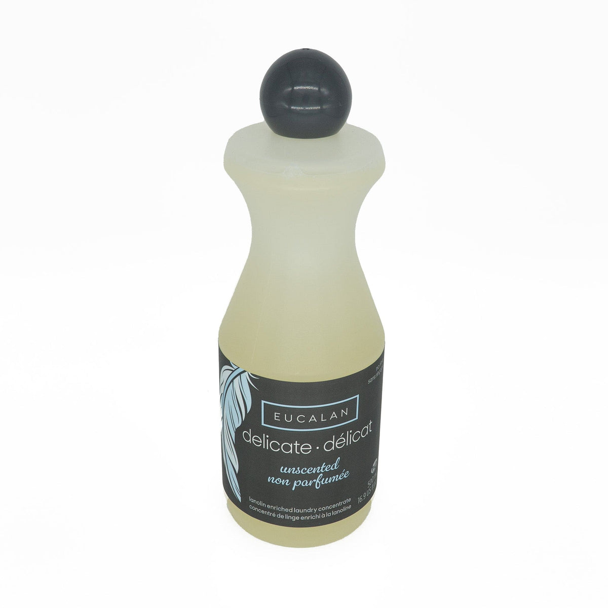 A 16.9 oz (500 ml) bottle of Eucalan Wool Wash from Eucalan, featuring an unscented formula with a black cap, clear liquid, and a black label with white and blue designs—ideal as a gentle no-rinse wool wash or for delicate laundry care.