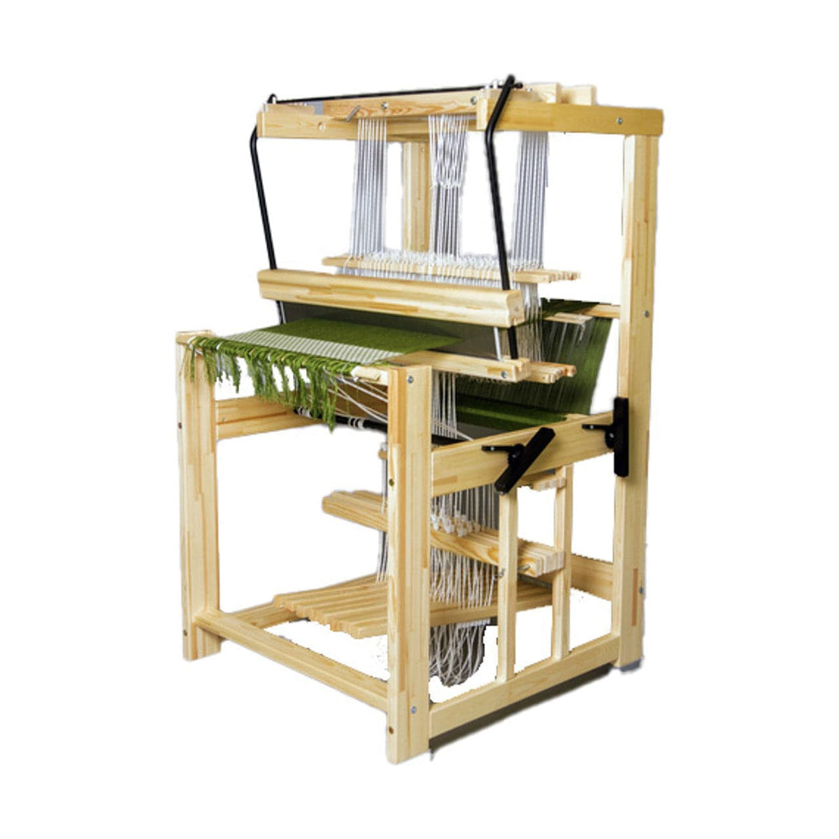 The Glimakra Julia, a compact 4-shaft floor loom by Glimakra, features a counterbalance design with rug weaving threads and partially woven green fabric; levers and pedals are attached, all shown on a white background.
