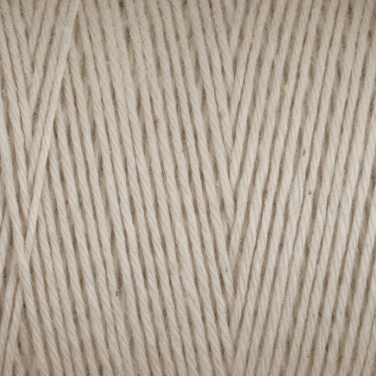 Close-up of Great Northern Weaving Cotton Carpet Warp 8/4: tightly wound beige 4-ply cotton yarn in parallel rows, highlighting its soft texture and durable, colorfast fibers.