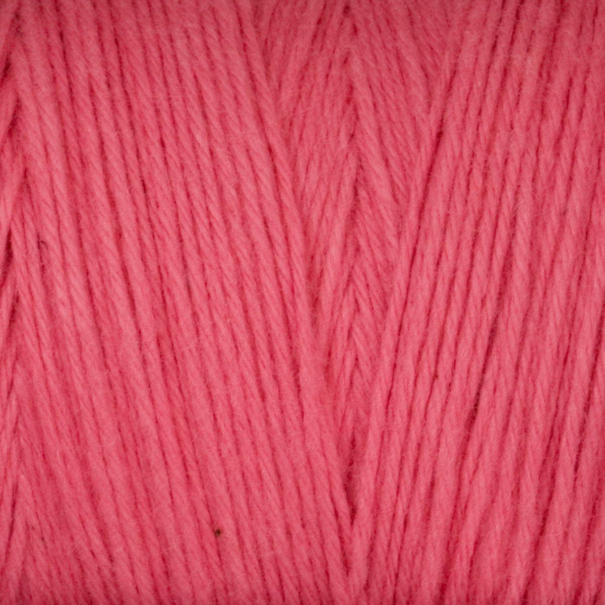 Close-up view of Great Northern Weaving's Cotton Carpet Warp 8/4, featuring soft pink 4-ply cotton yarn with individual strands and fibers tightly wound together in a neat, parallel pattern.