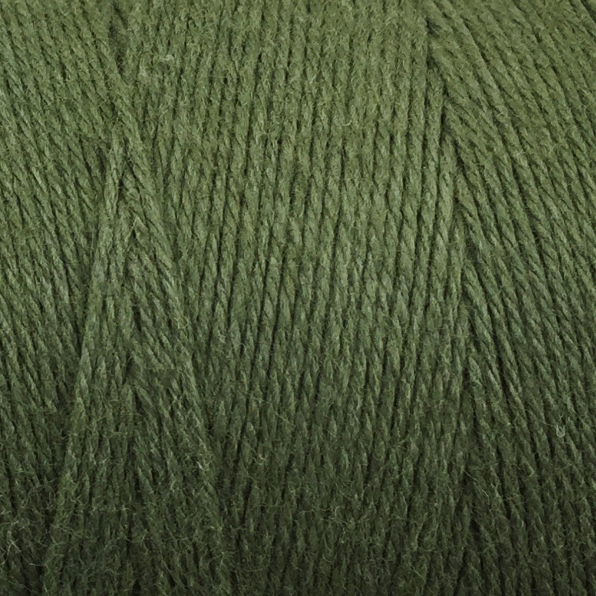 Close-up of Great Northern Weaving Cotton Carpet Warp 8/4 in olive green, highlighting the tightly wound, fibrous 4-ply cotton strands ideal for rug making.