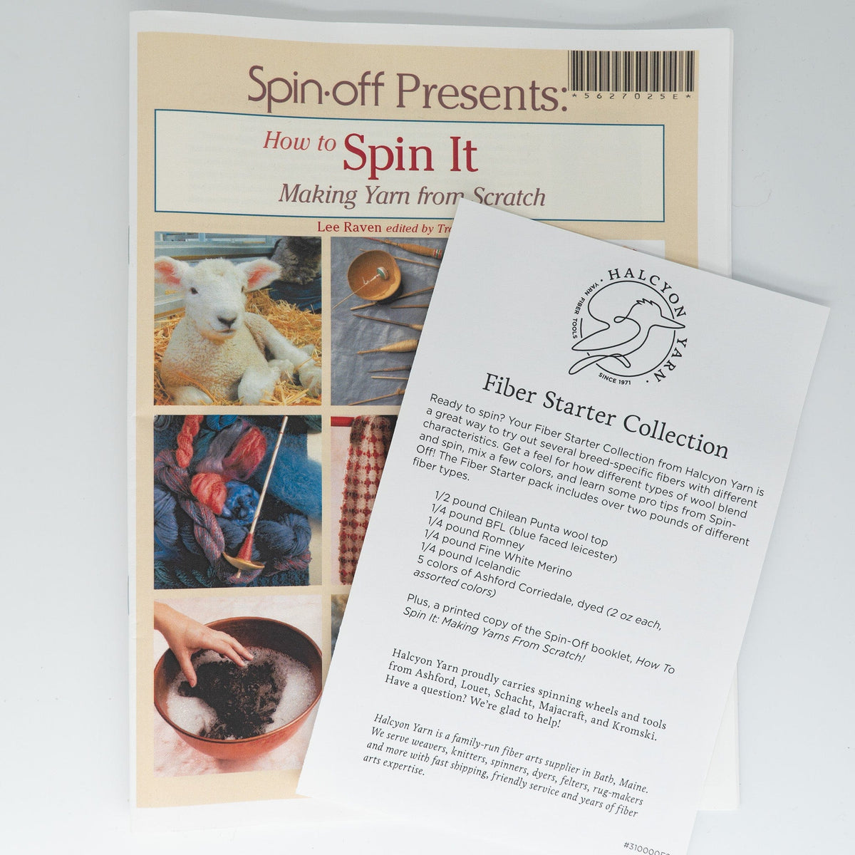 Beneath a booklet on yarn-making rests Halcyon Yarn’s Fiber Starter, featuring images of a lamb, yarn, and wool prep tools—the ideal starter pack for anyone interested in spinning wool.