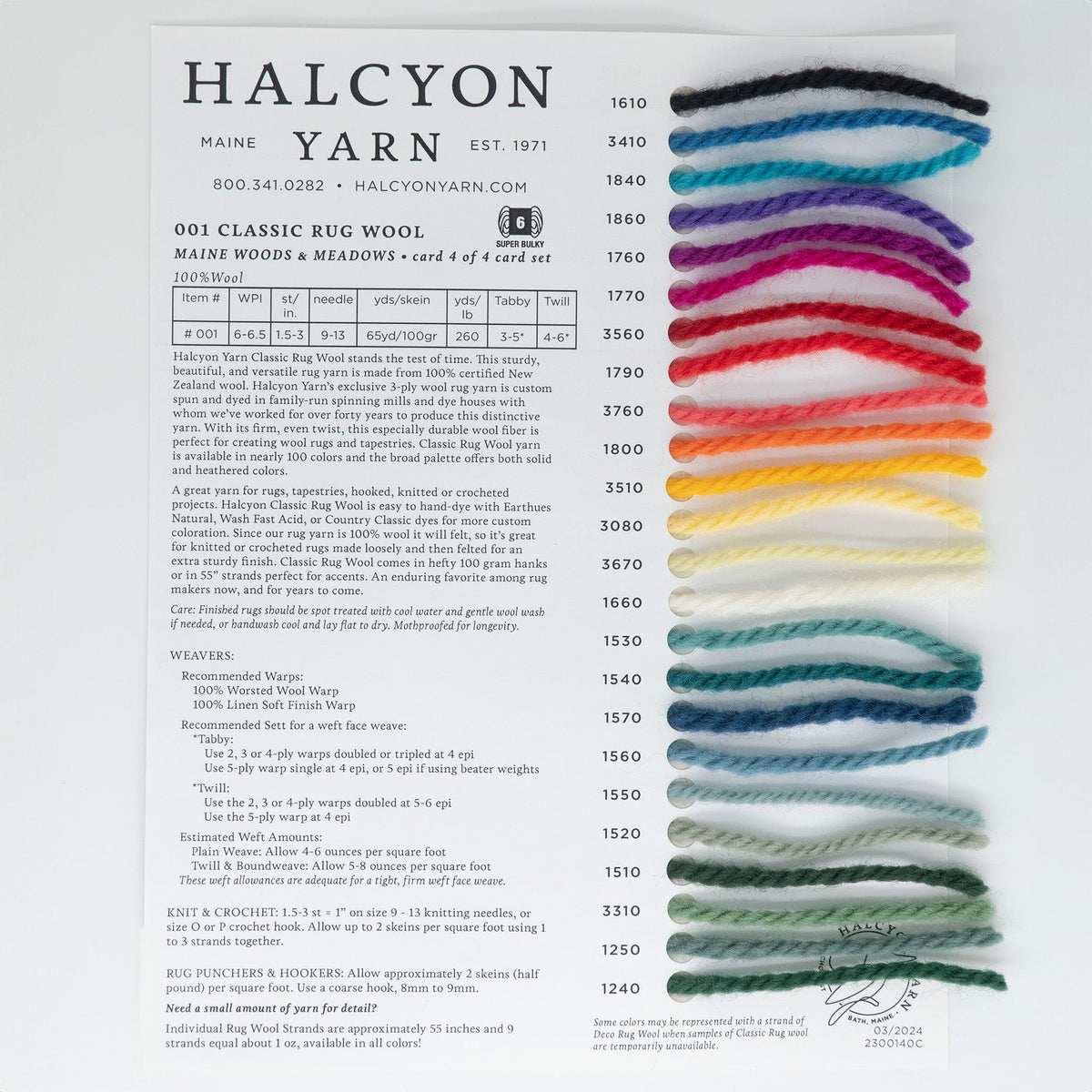 The Classic Rug Wool Sample Card from Halcyon Yarn features 13 numbered strands in vibrant colors like red, blue, and green. Perfect for rug makers, it provides product details and contact info.