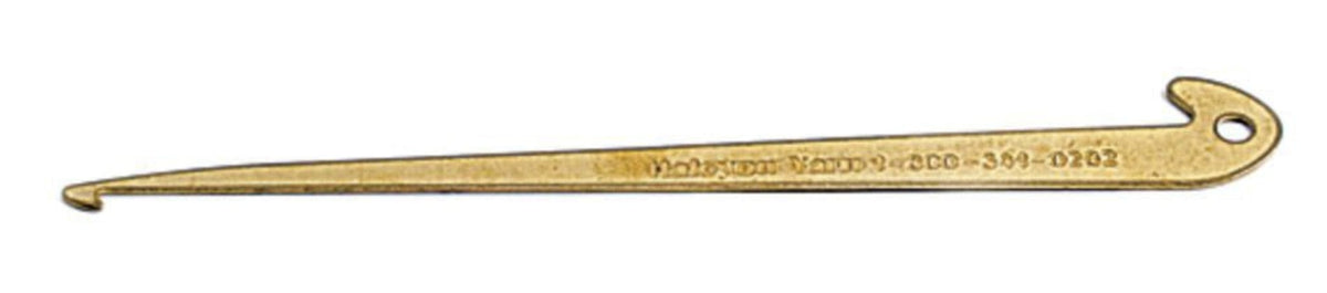 Halcyon Yarn's Engraved Brass Hook for Threading and Sleying features a hook at each end, a hole on one side, and engraved text—an essential tool for any weaver.