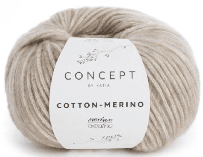 A ball of light beige Katia Cotton-Merino yarn features soft Merino in a chainette cotton tube, labeled with a simple botanical design and "Katia Cotton-Merino, merino extrafine.