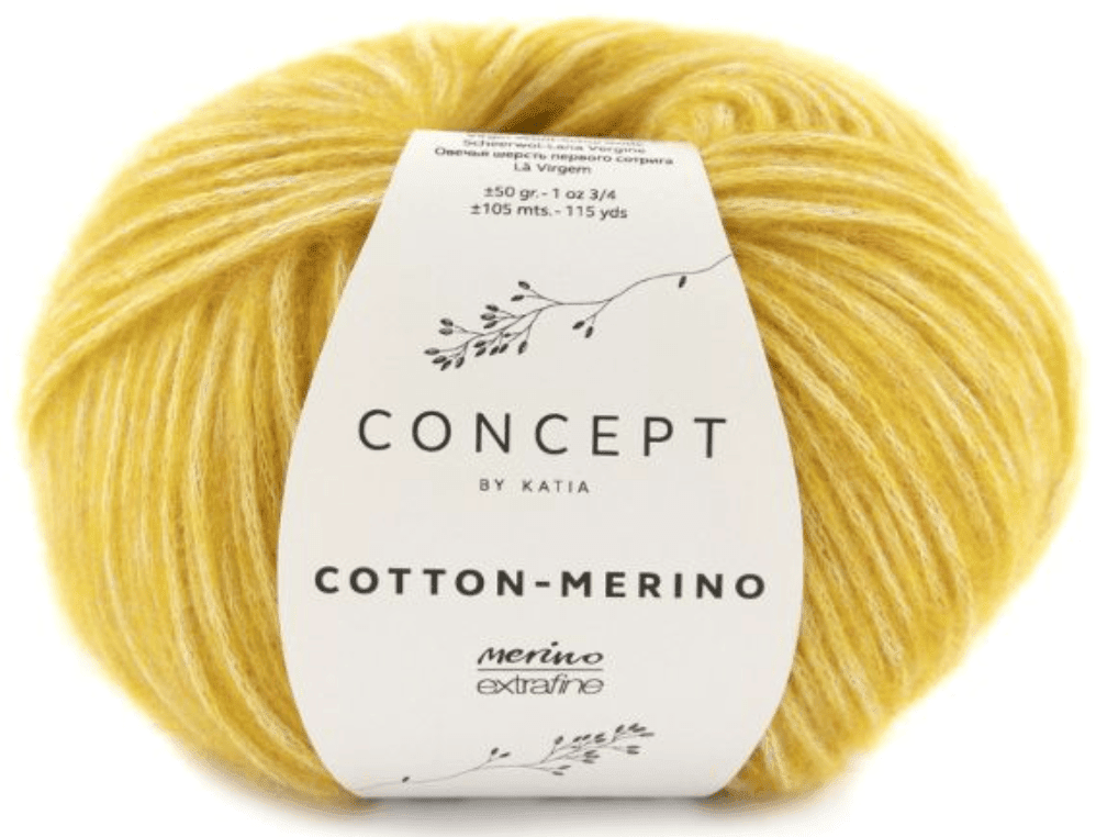 A yellow ball of Katia Cotton-Merino chainette cotton tube with super soft Merino extrafine yarn, featuring decorative branches and weight/length details on the white label.