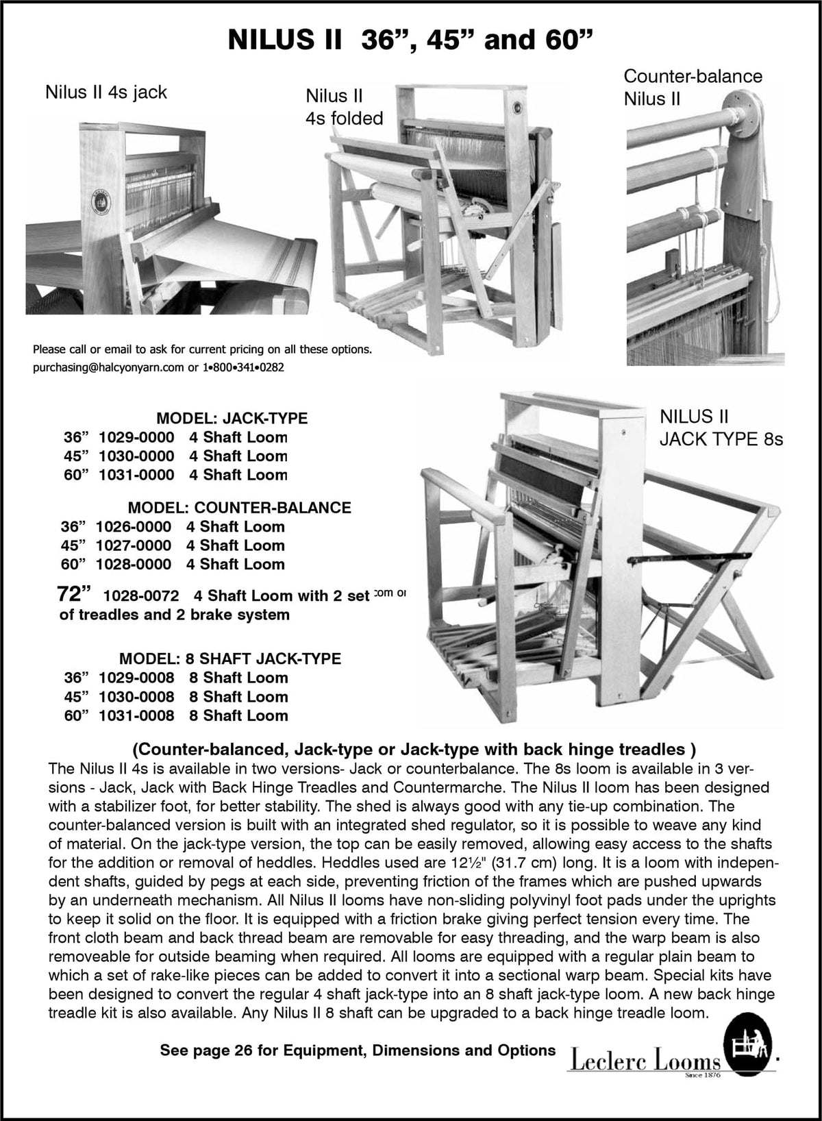 Black and white ad for the Leclerc Nilus II 8-Shaft Floor Loom, a jack loom with back-hinge treadles from Leclerc Looms, featuring upright and folded looms plus tables of sizes, models, descriptions, and contact information.