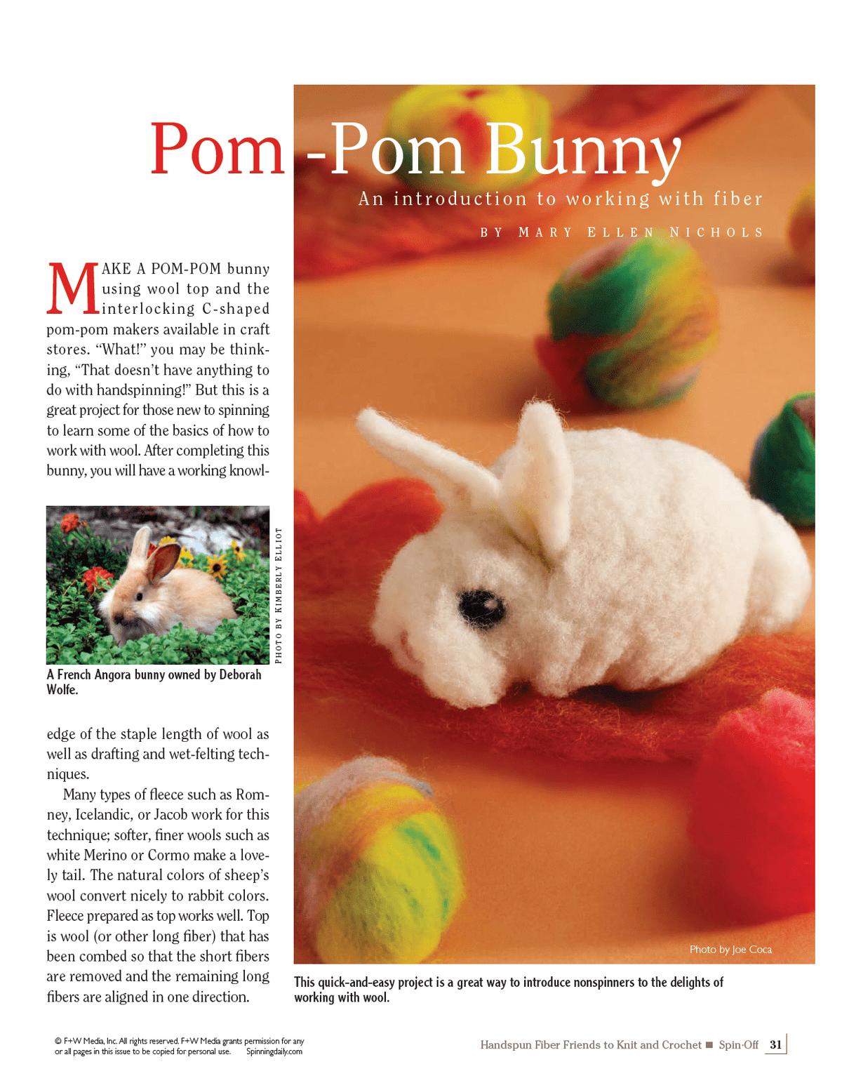 Discover "Spin-Off Presents: Handwoven, Fiber Friends to Knit and Crochet" (Ebook Printed Version) by Long Thread Media—featuring tips for creating handmade pom-pom bunnies with wool, inspired by fluffy French Angora rabbits.