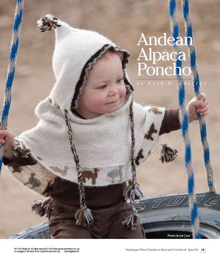 A young child in a cream alpaca poncho with brown animal designs and a pointed hood smiles on a tire swing—perfect inspiration featured in "Spin-Off Presents: Handwoven, Fiber Friends to Knit and Crochet" by Long Thread Media.