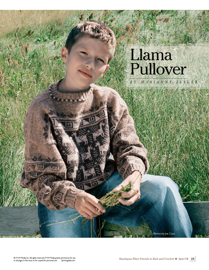A boy sits outdoors on a bench, wearing a cozy brown pullover with llama and geometric patterns. He holds grass in his hands. Text: Spin-Off Presents: Handwoven, Fiber Friends to Knit and Crochet (Ebook Printed Version), Long Thread Media.