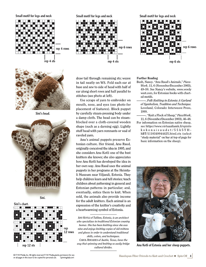 A magazine page for Spin-Off Presents: Handwoven, Fiber Friends to Knit and Crochet (Ebook Printed Version) by Long Thread Media shows sheep knitting charts, sheep finger puppets, and discusses Estonian sheep puppets—great stash-busting pattern ideas.