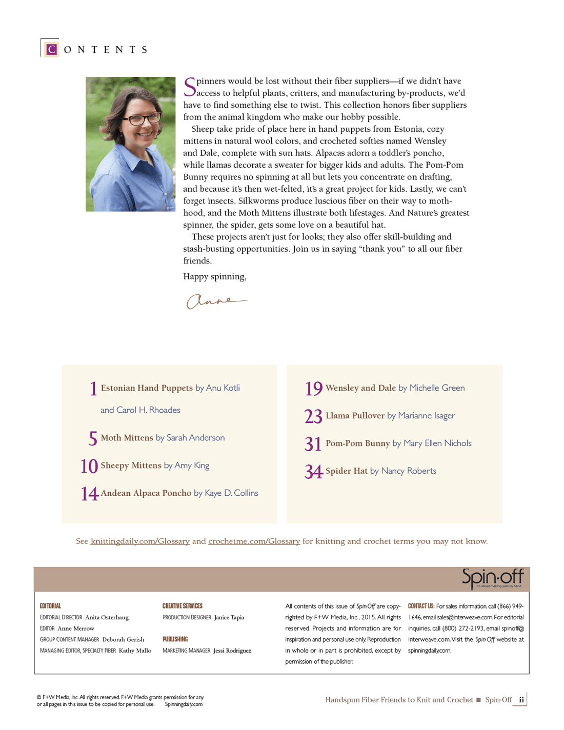 The Spin-Off Presents: Handwoven, Fiber Friends to Knit and Crochet (Ebook Printed Version) by Long Thread Media features a contents page with a smiling woman, intro letter, section listings, and yarn imagery—ideal for knit and crochet pattern lovers.
