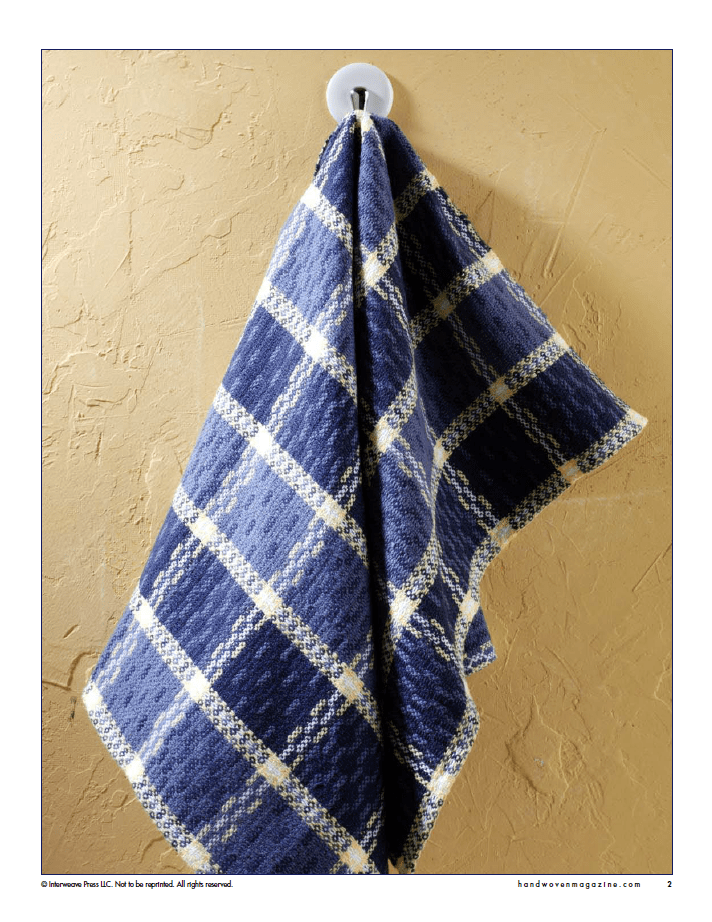 A blue and white plaid hand towel hangs from a white hook on a textured beige wall, inspired by Long Thread Media's "Winning Towels from Handwoven's 21st-Century Towel Contest" (Printed eBook). Perfect for your next weaving project!.