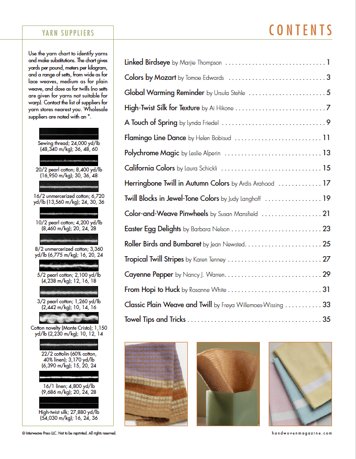 The contents page from Long Thread Media’s "Winning Towels from Handwoven’s 21st-Century Towel Contest" (eBook Printed Version) lists yarn suppliers and project articles, featuring photos of pastel handwoven towels in varied patterns.