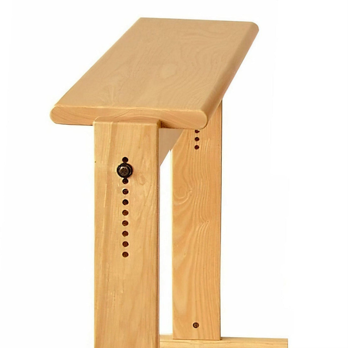 A close-up side view of a Louët Loom Bench by Louet Inc., showing adjustable height holes and a simple, minimalist hardwood design.