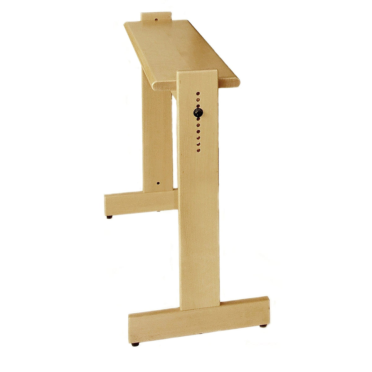 The Louët Loom Bench by Louet Inc. features a slanted surface, an adjustable height mechanism with a knob, and simple vertical support. Its light wood finish offers a minimalist and functional design.