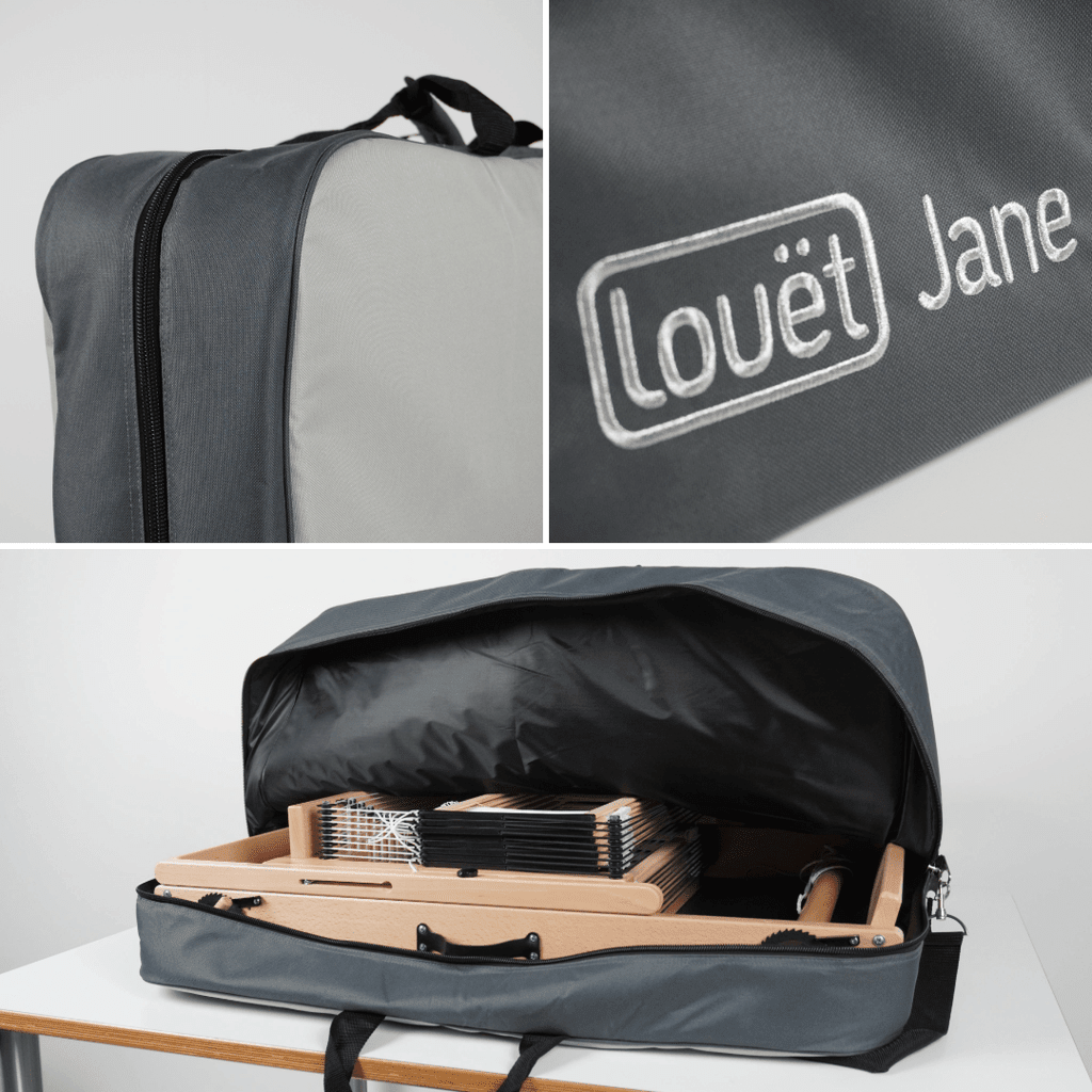 A collage shows the gray Zippered Carrying Bag for Jane Table Loom by Louet Inc., partially unzipped to reveal a wooden loom neatly packed inside on a white table, with "Louët Jane" embroidered on the bag.