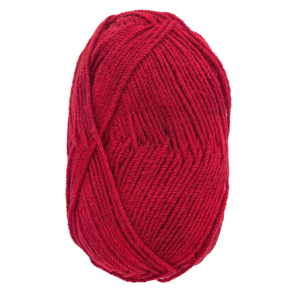 A skein of Plymouth Encore Worsted Yarn by Plymouth Yarn Co., in bright red, features crisscrossing oval strands and soft texture, neatly wound and showcased against a white background.