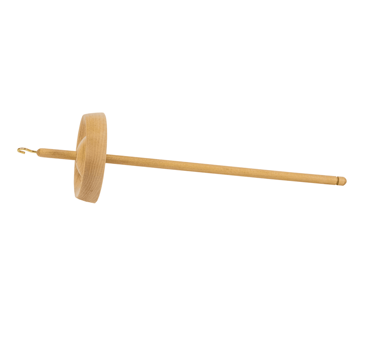 The Schacht Hi-Lo Drop Spindle by Schacht Spindle Co. features a round wooden whorl and a metal hook, perfect for hand spinning fibers into yarn.
