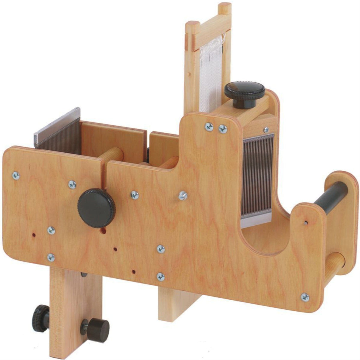 The Schacht Tension Box by Schacht Spindle Co.—temporarily out of stock—features adjustable black knobs and metal teeth, ideal for processing wool or fiber with floor looms or Schacht looms.