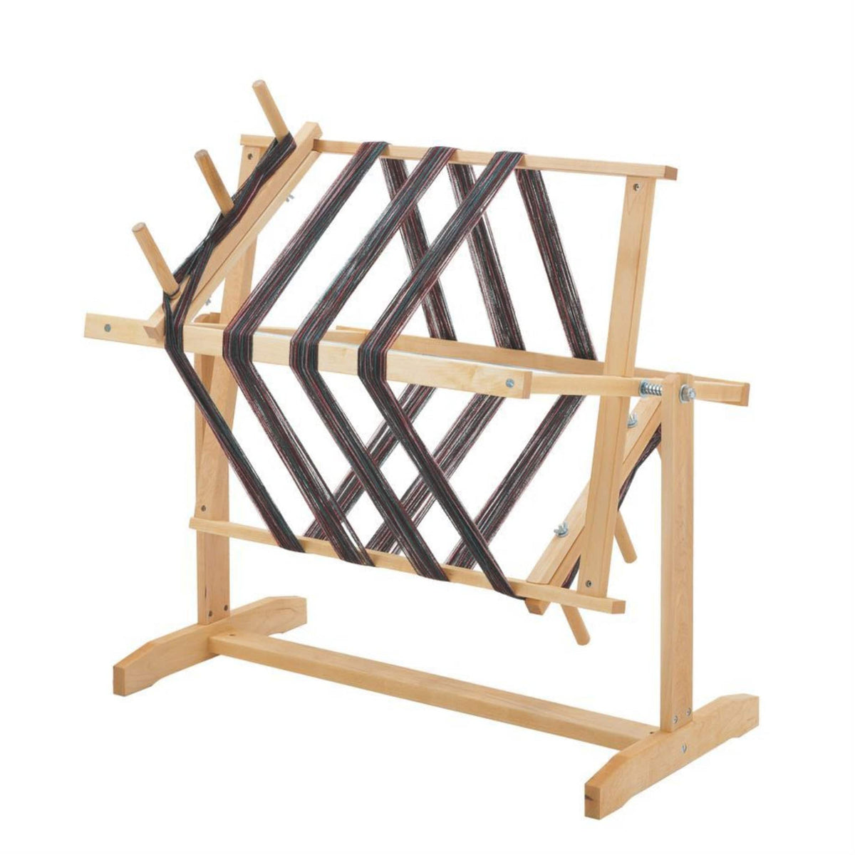 The Schacht Spindle Co. Schacht 18 Yd Warping Reel - Horizontal, temporarily out of stock, is a wooden tool used for measuring and preparing yarn for weaving by winding multiple threads around its pegs.