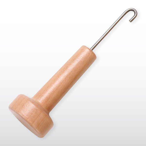 The Ashford Handicrafts Limited Wooden Threading Hooks feature an unfinished bulb-shaped wooden handle and a metal hook, compatible with Elizabeth and Ashford spinning wheels. Shown isolated on a white background.