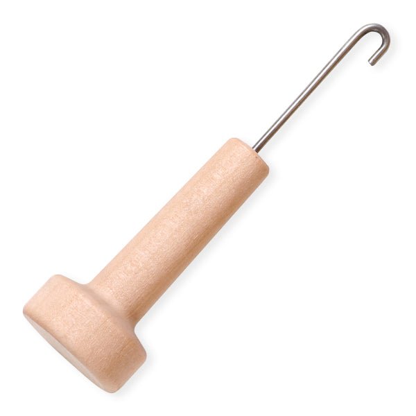 The Ashford Handicrafts Limited Wooden Threading Hook is a bulb-shaped tool with a wooden handle and wide base, featuring a metal hook for threading on Ashford Spinning Wheels or for pulling items through fabric.