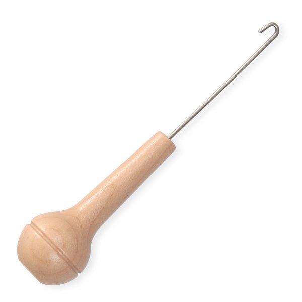 Ashford Handicrafts Limited Wooden Threading Hooks for Ashford Spinning Wheels feature a wooden handle and curved metal hook, ideal for crafts like rug making or use with Ashford wheels and spinning wheel knob accessories.
