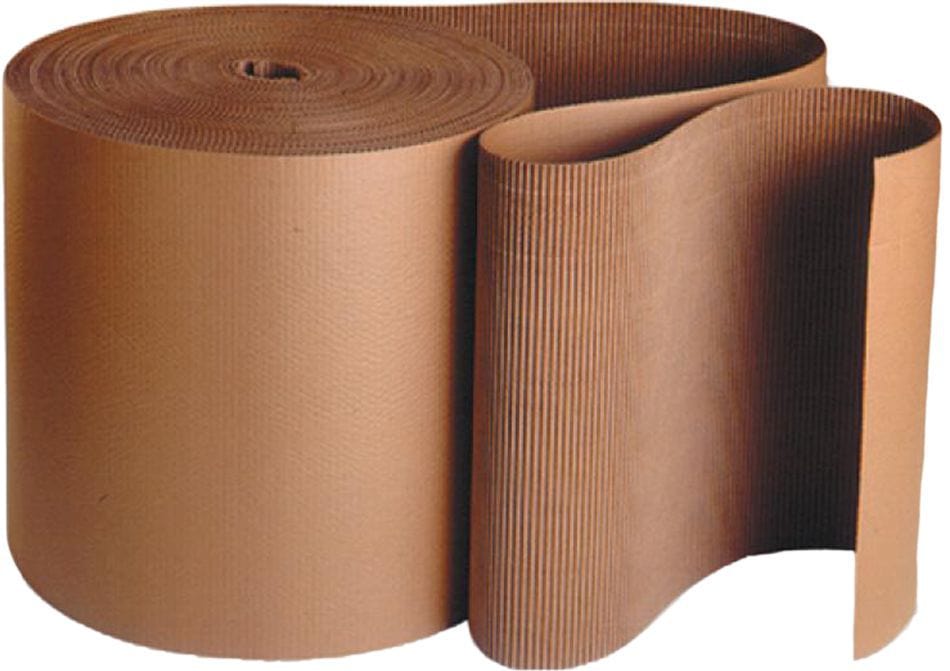 The Halcyon Yarn Single Faced Corrugated Cardboard 5 yard roll is partially unrolled, revealing its wavy inner texture and smooth outer layer—perfect for weaving supplies or as a warp beam alternative.
